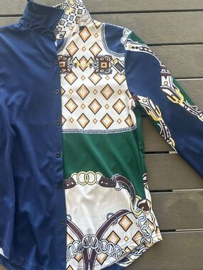 Unique Split-Design Long Sleeve Button-Down Shirt - Navy & Scarf Print